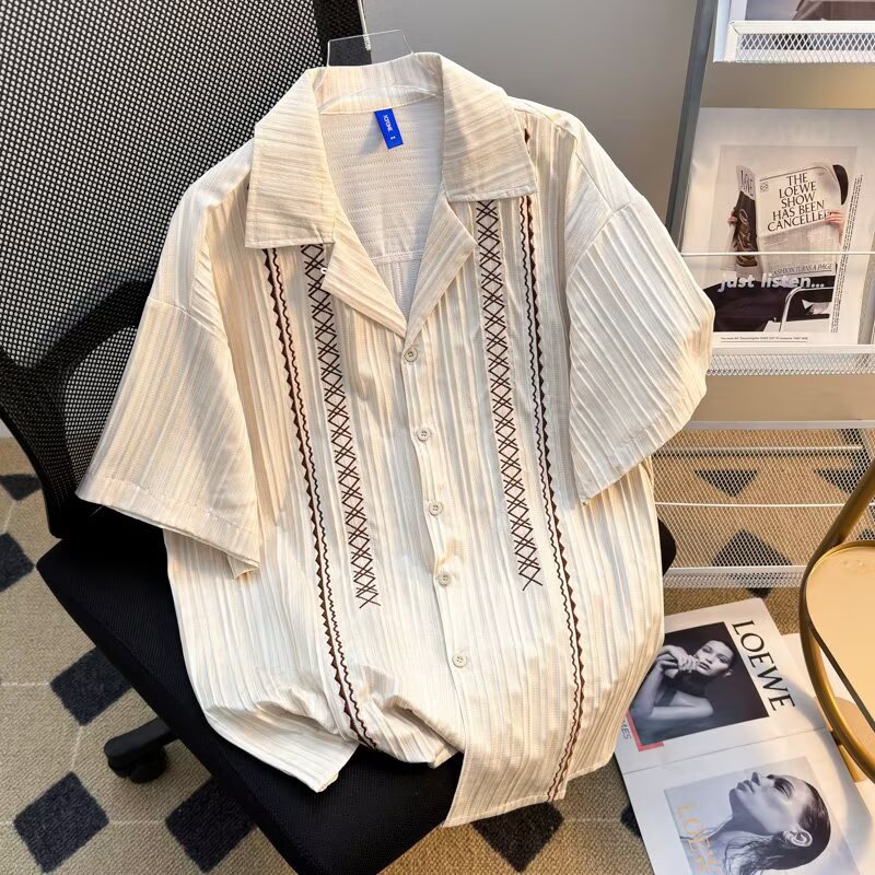 color-blocked Cuban collar shirt summer patchwork vintage Hawaiian casual short-slved shirt L260612