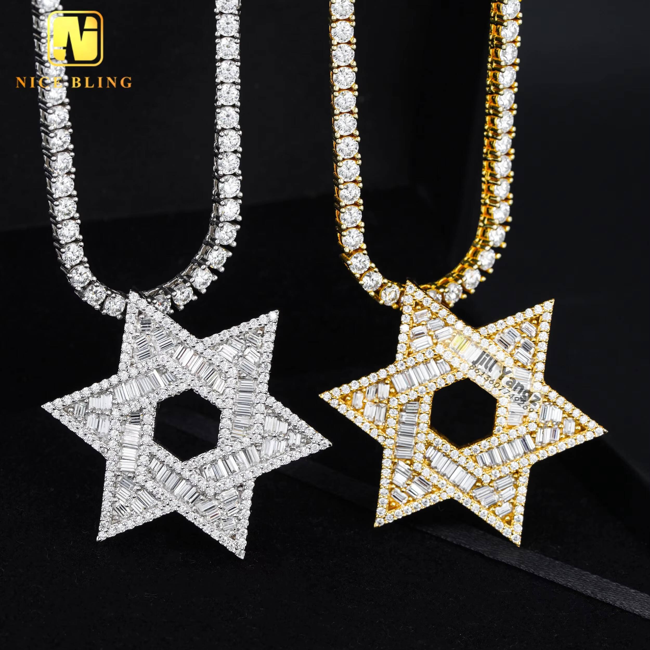 Je Star of David Pendant Charms Pentagram Custom Jewelry Manufacturers Baguette Cut 925 Moissanite Hip Hop Rock Gifts Idea