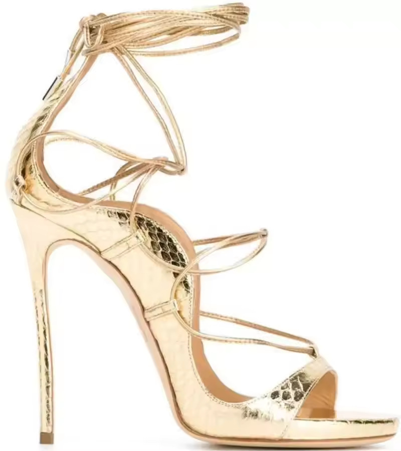 Snake-Effect Cross Tied Sandals Open Toe Stiletto Ankle Strap Shallow Cut Out Sexy Women Fashion Pumps Street Style Party Lace Up Heeled Gladiator S