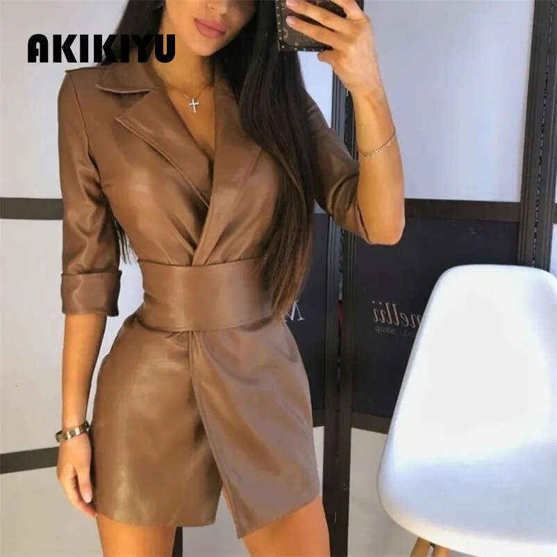 AKIKIYU – Mini robe à bandes en PU pour femmes, Sexy, en Faux cuir pur, veste-robe avec ceinture, automne hiver, Streetwear
