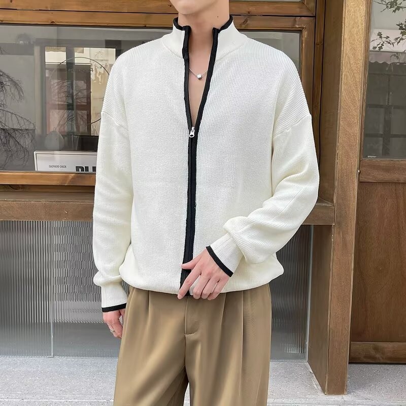 Men's fall and winter coats, homemade lazy style contrast knitted sweater cardigan, men's loose turtleneck knitted gray