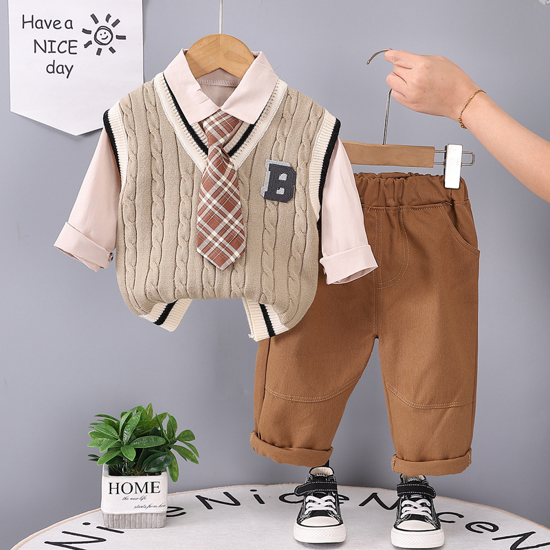 Childrens Clothing 2026 Spring Autumn Baby Boy Clothes 15 Years Preppy Style Vneck Knitted Vest Solid Color Long Sleeve Shirts Pants 3 Piece Set-image-1096297116