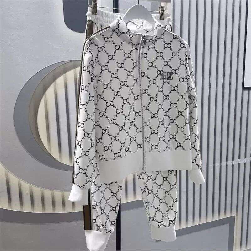 Pants Fashion Casual Two Piece Set For Women Monogram Print Zip Hoodie With Long Sleeves White Color Daily Wear
