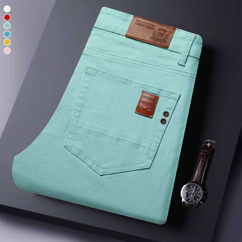 2025 Autumn Men's Elastic Colorful Jeans Breathable Casual Straight Fitted Solid Color Denim Pants Korean Fashion Trousers Z260131