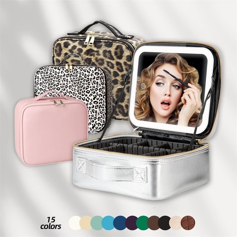 Trousse de maquillage éclairée par LED avec miroir Trousse de maquillage éclairée par LED 3 couleurs avec séparateurs réglables Sac de voyage ave