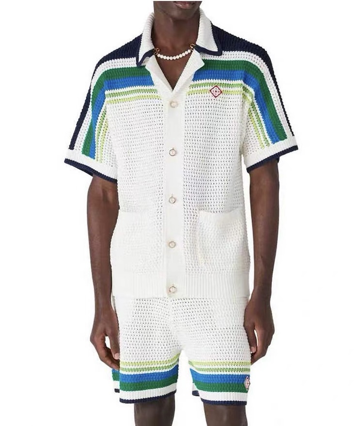 26ss Casabalnc Top Designer Tricoté Rayé Creux Jacquard Hommes À Manches Courtes Avec Col Revers Haute Qualité Casual Rétro Lâche Cardigan Pull C