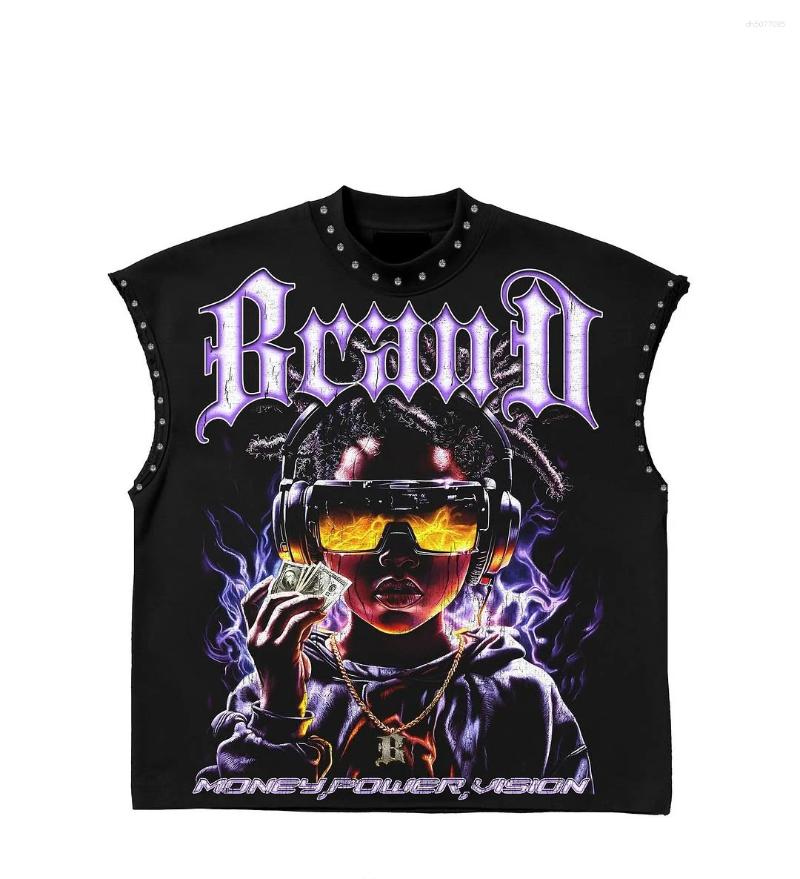 Men's T Shirts 2026 Beach Style Round Neck Patchwork Rhinestone Sleeveless Vest Retro Punk Cartoon Print Casual Oversized Pure Cotton