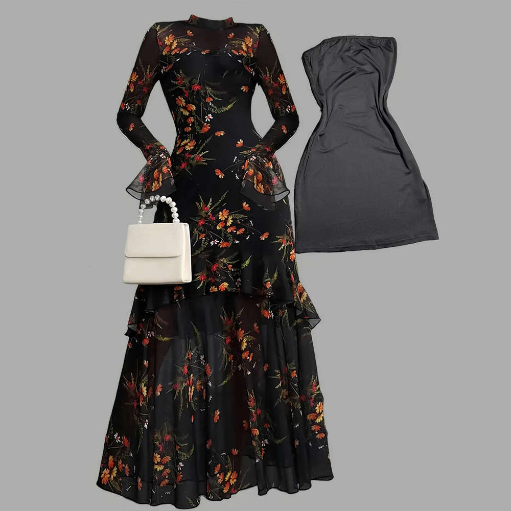 Women's Preppy Floral Two-Piece Pants Set, Black Spandex Long-Sleeve Top with Flare Batwing Sleeves, High Stand Collar, Double-Breasted Closure, Poc