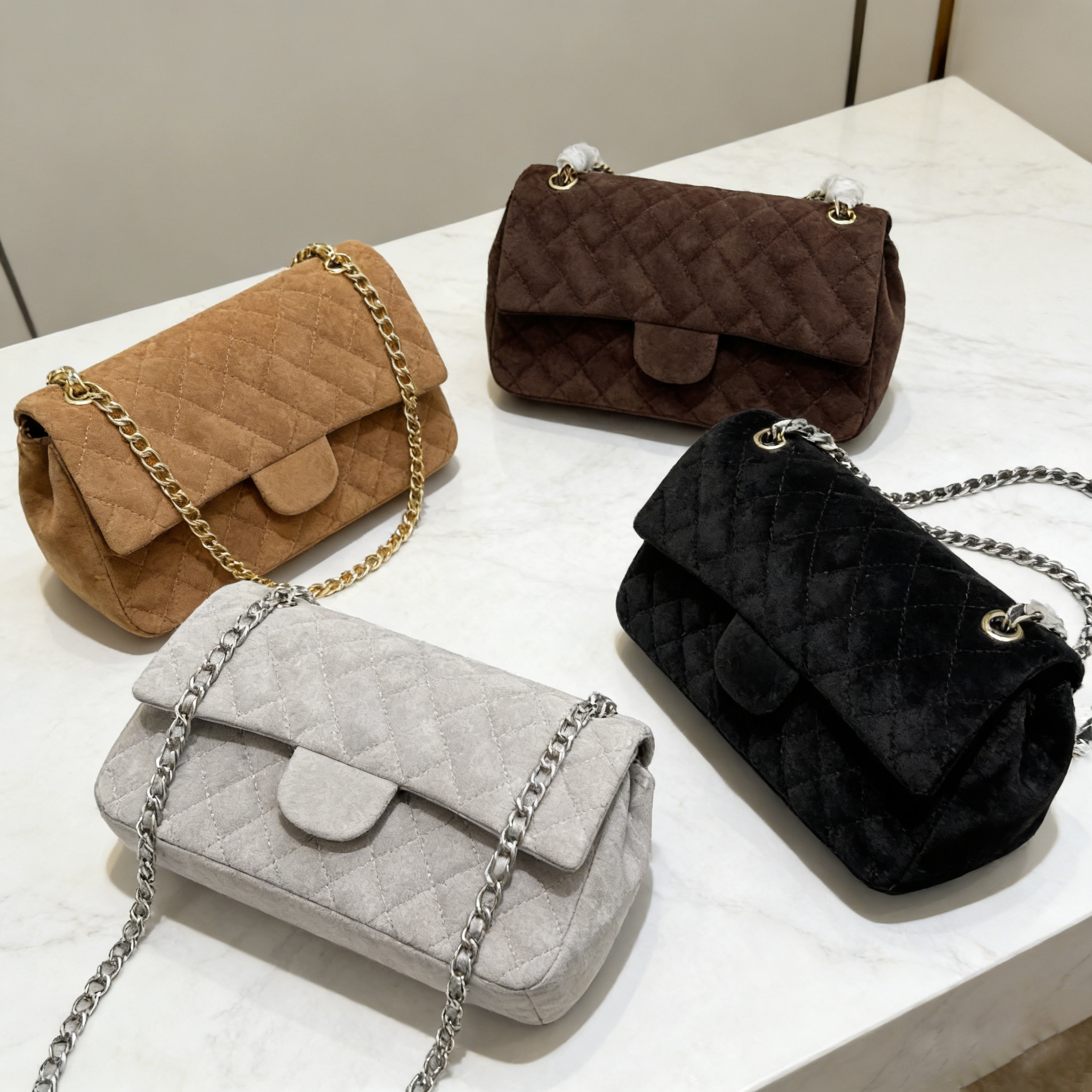 2026 Top quality Luxury Designer Classic flap bag Suede CF Chain Shoulder Bag Women Fall and winter new fashion trend handbags Crossbody Chocolate B