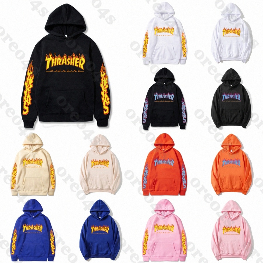 Designer Mens Hoodies Sweatshirts Europe America Thrashs Flame Print Hoodie Womens Street Couples Casual Hip Hop Pullover Top 86hA#