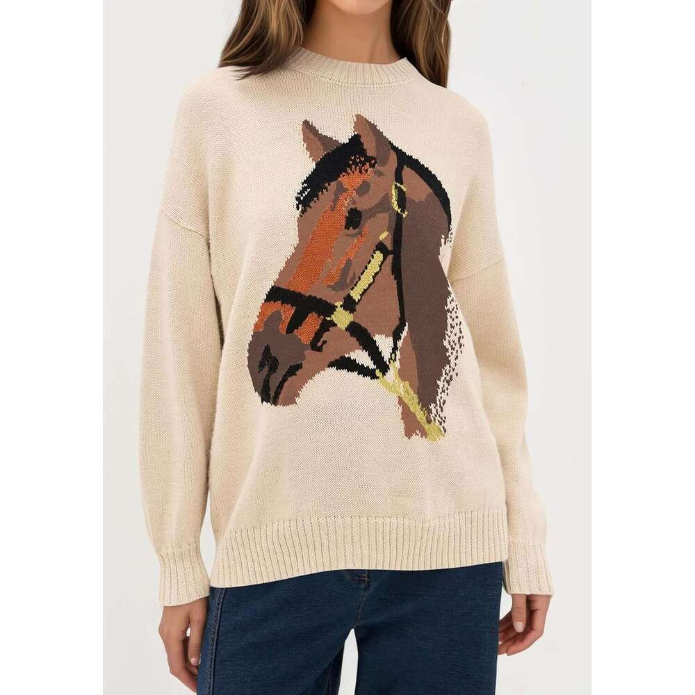 New DesignCrew Neck Horse For Women Y2k Long Sleeve Sweaters Oversized Graphic Knit Pullover Fall Winter Sweater
