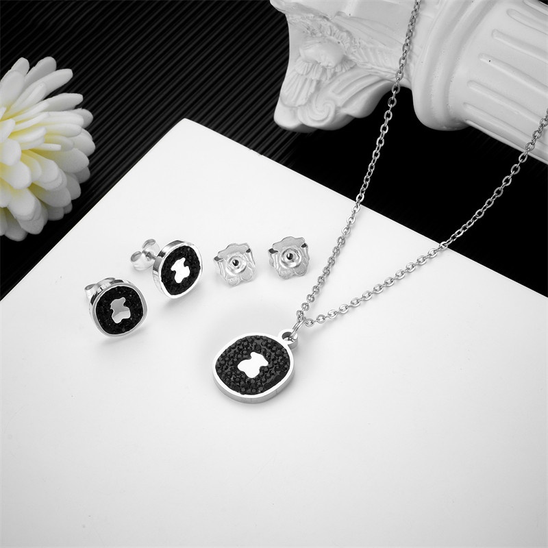 Hot Fashion Women Girls Silver Gold Stainless Steel Span Bear Cartoon Animal White Black Zircon Pendant Earrings Jewelry-image-1094087124