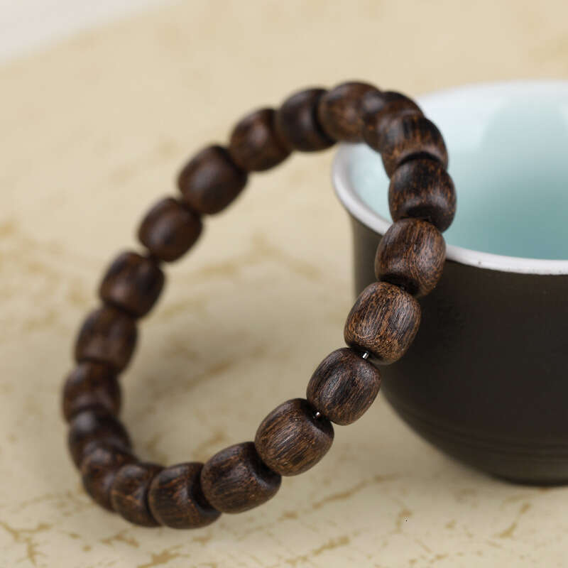 Authentic Vietnamese Agarwood Grade Barrel Men's Buddhist Cultural Play Apple Beads Plain Bracelet Black Oil Old Material