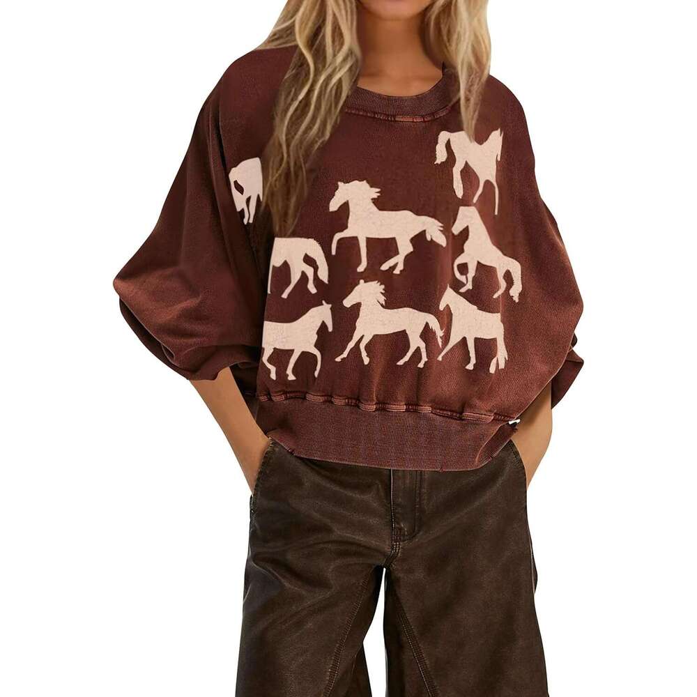 Women Cropped Sweatshirt Oversized Graphic Horse Print Crewneck Long Sleeve Pullover Casual Loose Fall Y2k Crop Tops