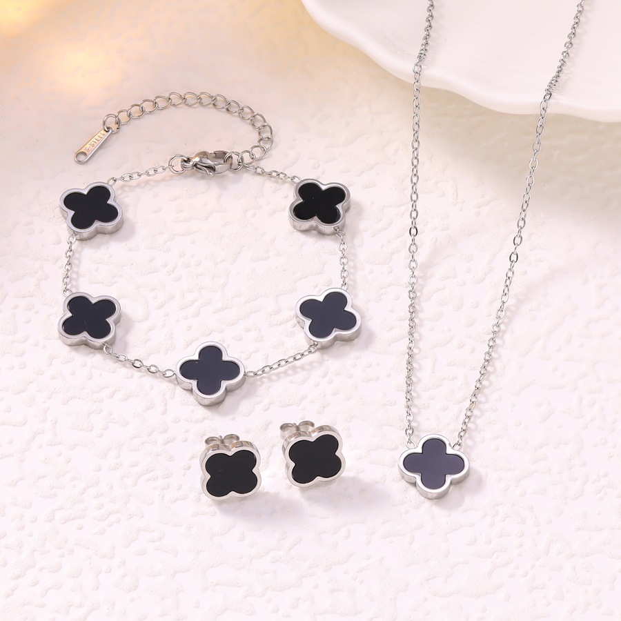 Hot-Selling Glossy Lucky Four-Leaf Clover Titanium Steel Double-Sided Mother-of-Pearl Bracelet Necklace Earrings Three-Piece Set Decorations Manu-image-1094129446
