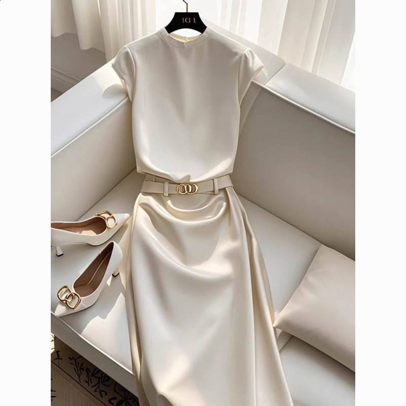 Basic Casual Dresses Elegant White Long Dress Female Round Neck Short Sleeve High Waist Cut Out Midi For Woman Clothing Fashion 230522