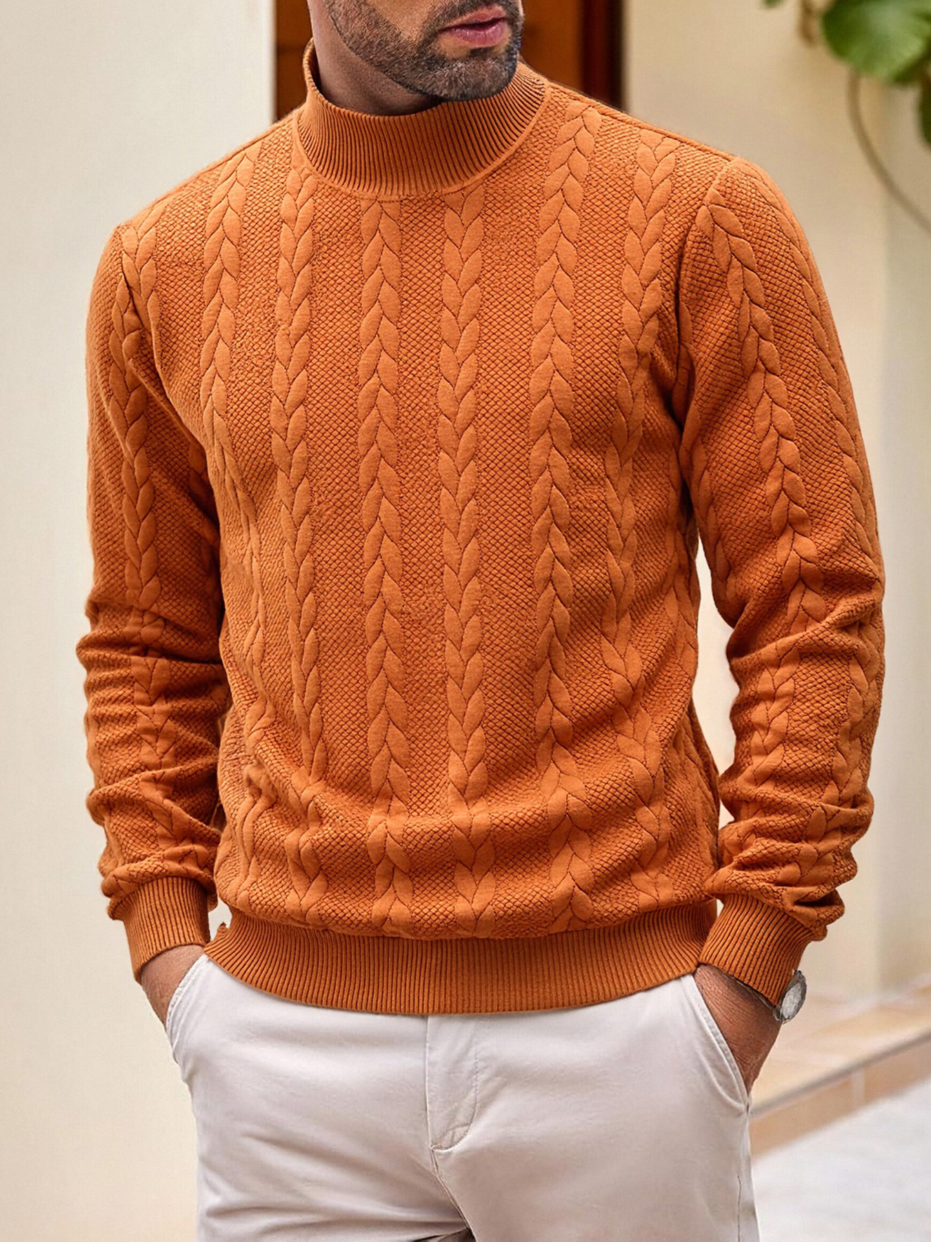 free shipping 2026 Men's Winter Warm Knit Pullover High Neck Jacquard Sweater in EU Fit Versatile for Outdoor Everyday Wear