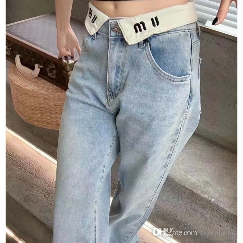 Pantalon en Denim de styliste pour femmes, Jean slim taille haute avec lettre à revers blanc, pantalon droit ample