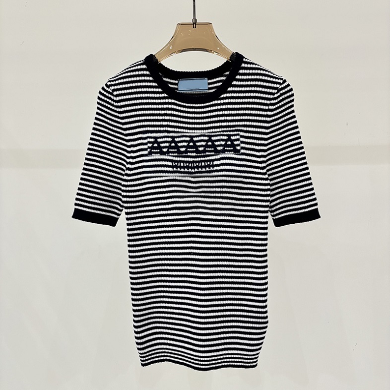 Femmes rétro élégant tricot t-shirts rue coupe ajustée rayé tricot pull été en plein air vacances décontracté t-shirt