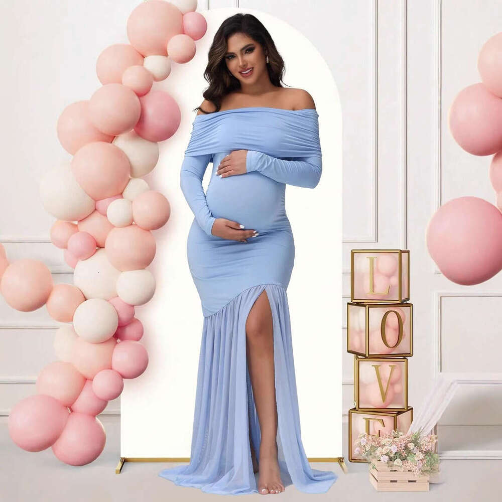 Style Long Sleeve Off-Shoulder Elegant Slim Fit Bodycon Mesh Patchwork Gown Maternity Dress M260328-image-1095553775