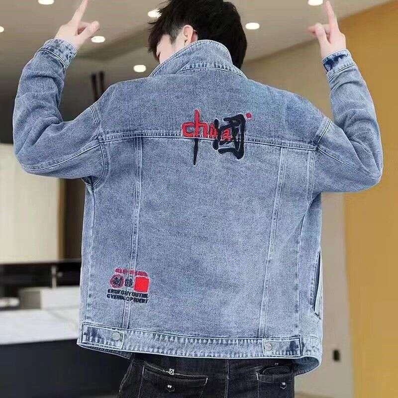 Jacket Loose Men Embroidered Chinese Character Back Patchwork Denim Jacket Stand Collar Long Sleeve Blue Streetwear Style Daily Commute