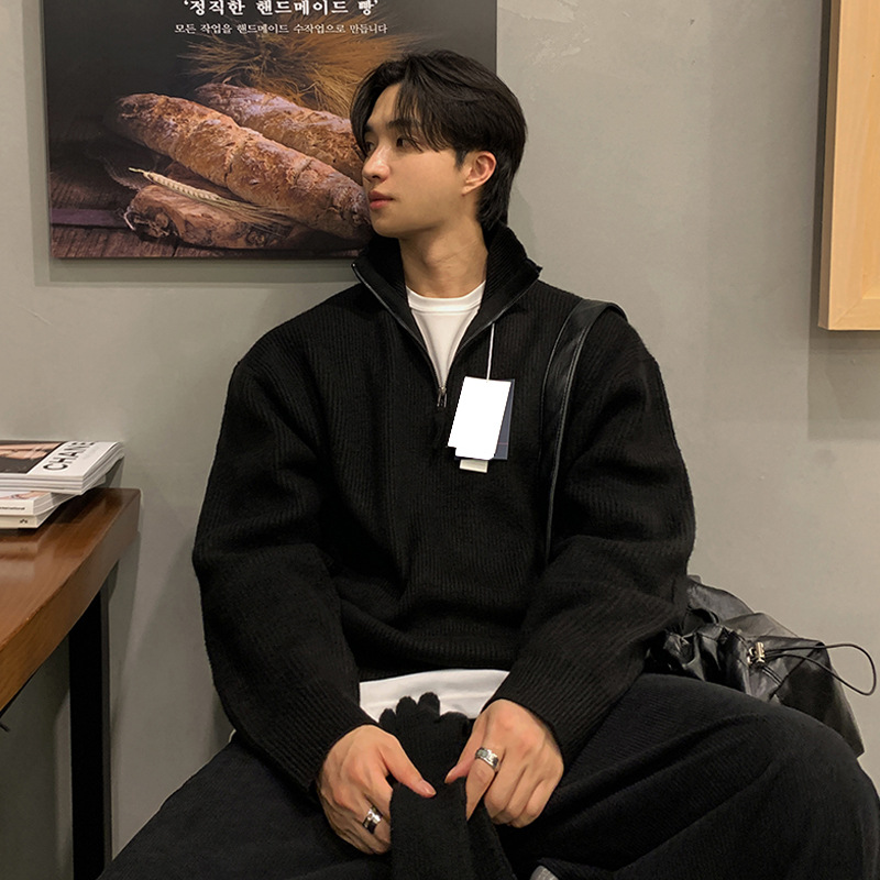 Luxury Men's Half Zip Knit Top with Collar Korean Minimalist Casual Sweater Relaxed Fit Instagram Fashion