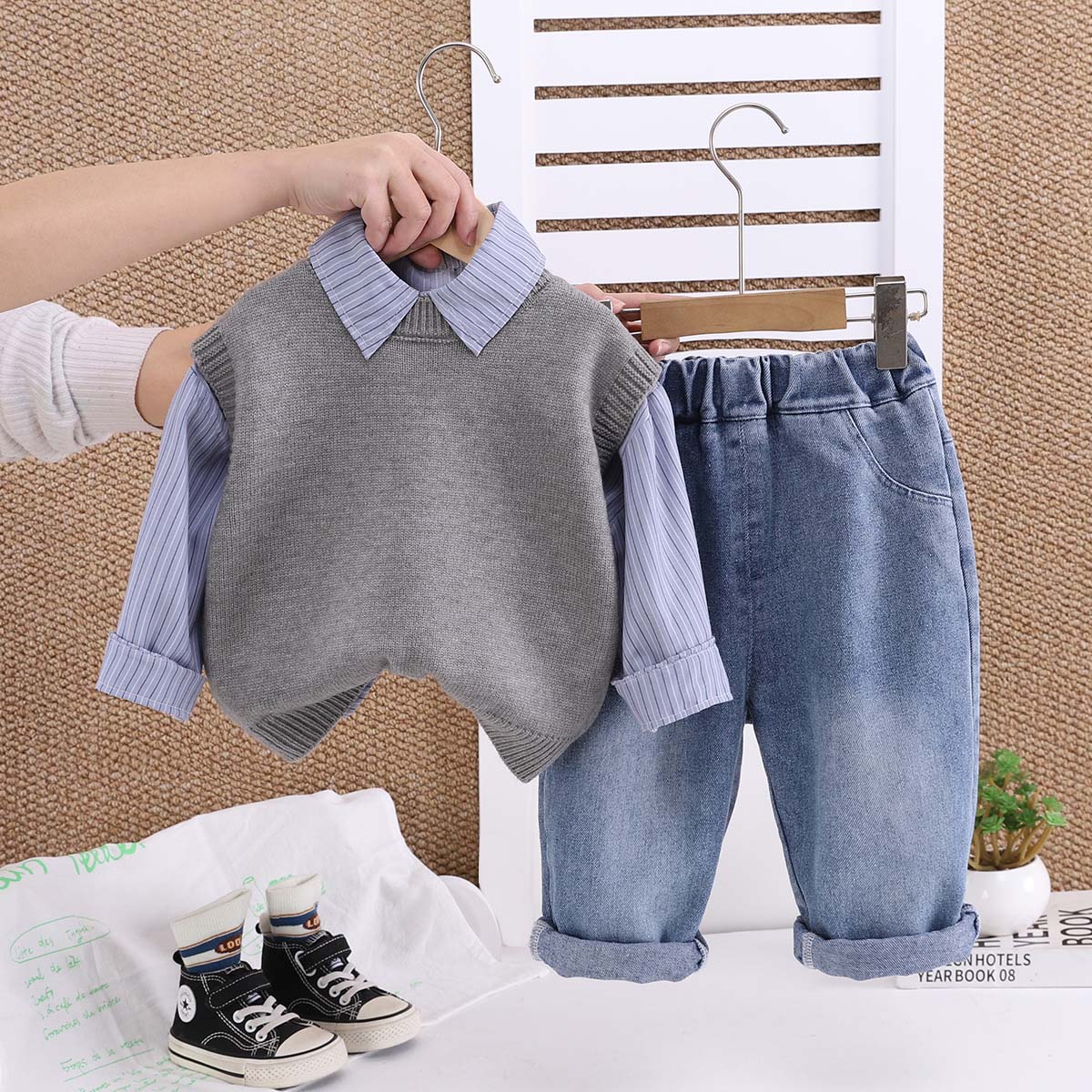 Baby Girls Boys Clothing Sets Children Casual Clothes Spring Kids Vacation Outfits Fall POLO Knitted Sweater Vest Long Sleeve Shirts Jeans 3 Piec-image-1096290057