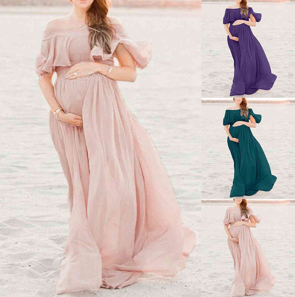Cross-Border Style Chiffon Sexy Loose One-Shoulder Maternity Dress with Train M260328-image-1095553624