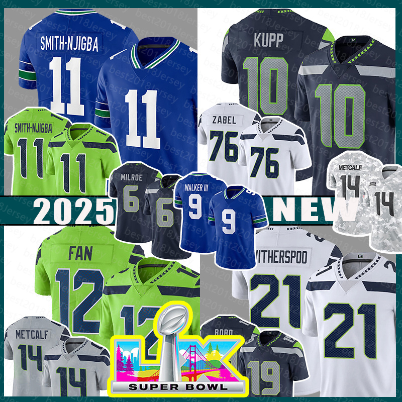 Mens FAN Football Jerseys Jaxon Smith-Njigba Cooper Kupp Sam Darnold Jalen Milroe Kenneth Walker III Devon Witherspoon Grey Zabel Jake Bobo Steve La