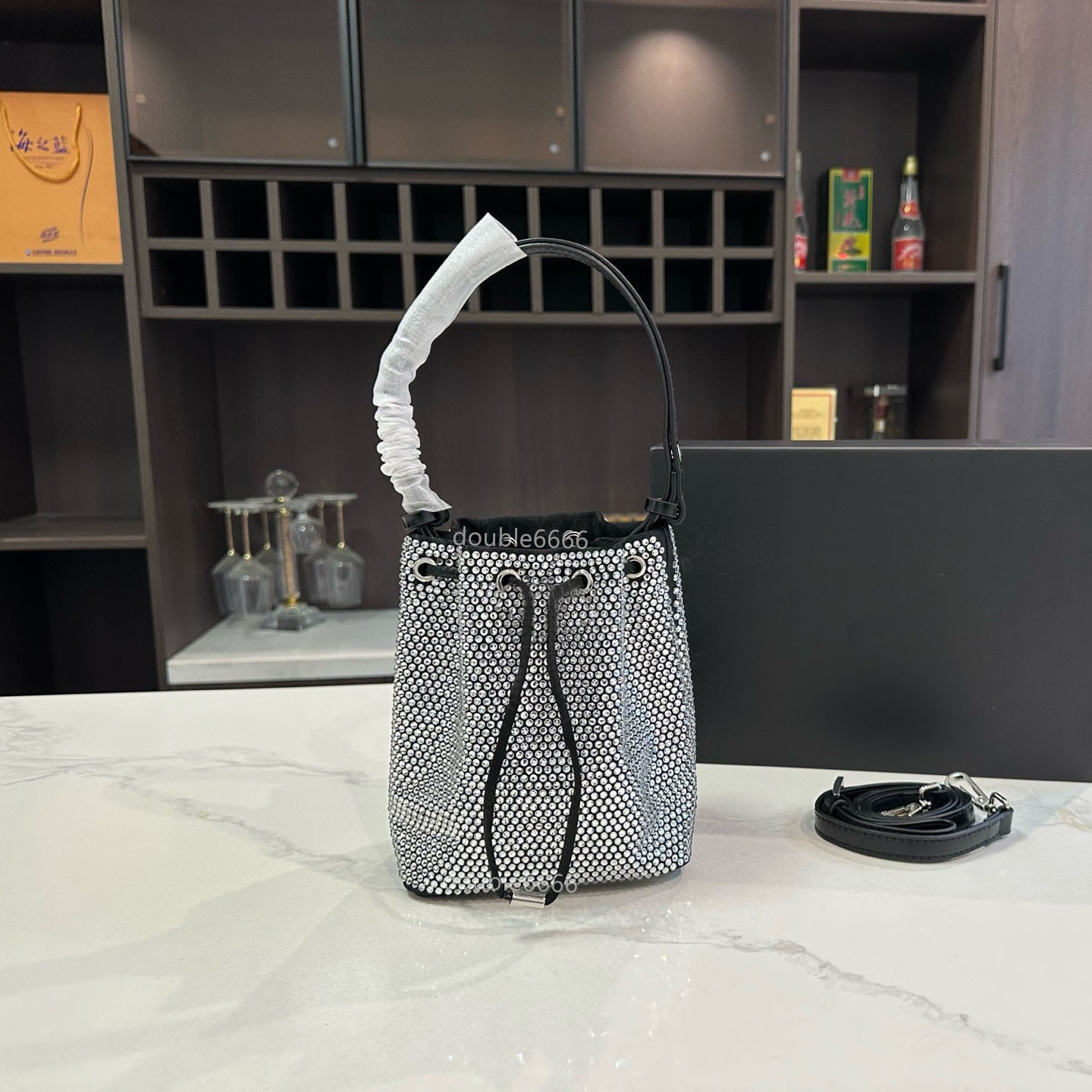 Pull-string small bucket bag designer luxury handbag Waterproof nylon fabric shoulder bags Classics Woven rope purse Fully studded diamond shoulder