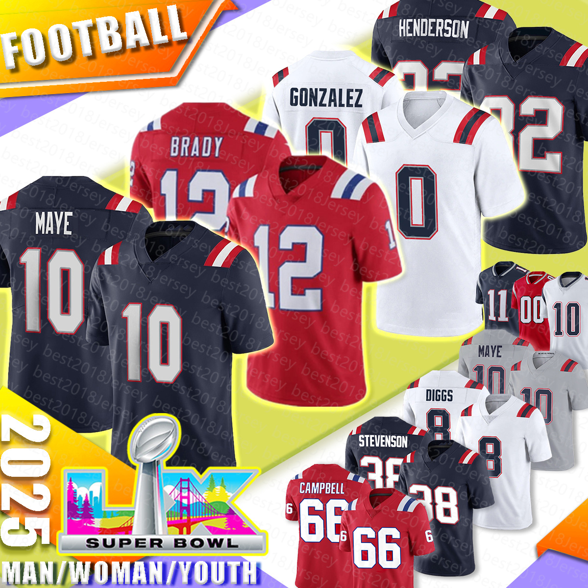 Mens TreVeyon Henderson Football Jerseys Woman Tom Brady Drake Maye Stefon Diggs Christian Gonzalez Will Campbell Keion White Keion White Rhamond-image-920847125
