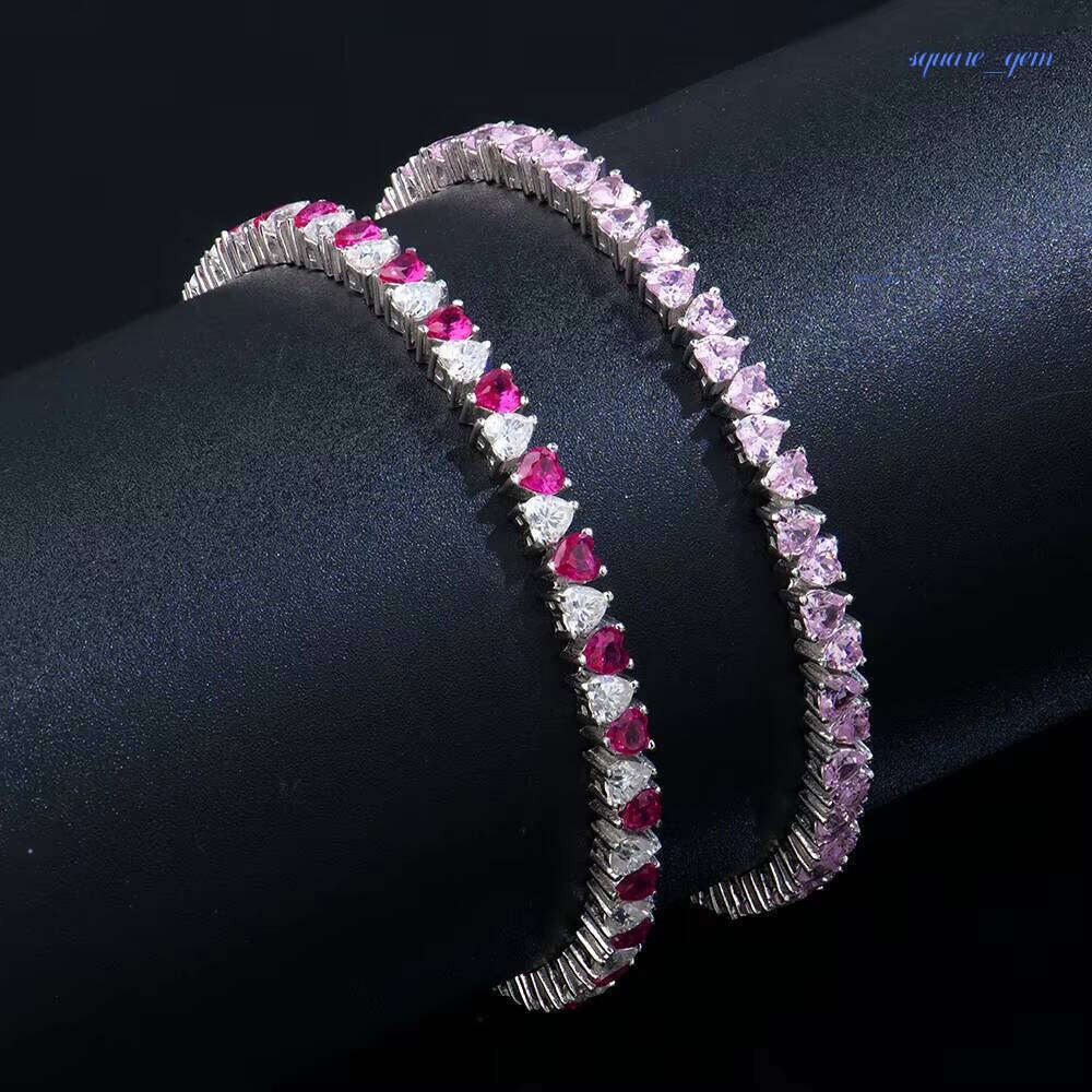 Wholesale Custom 925 Sterling Silver Women's Tennis Chain Bracelet 3Mm With Heart Diamonds Pink Vvs Featuring Zircon Moissanite