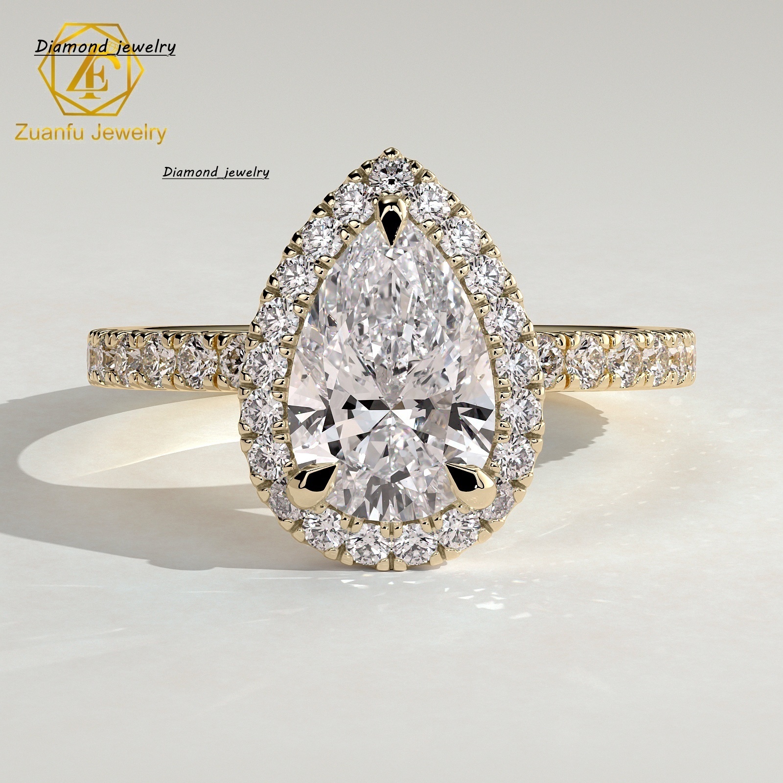 Classic IGI Certificate CVD HPHT 1CT 2CT 3CT Pear Cut Lab Grown Diamond Ring Custom Wedding Ring Fine Halo Ring for Party