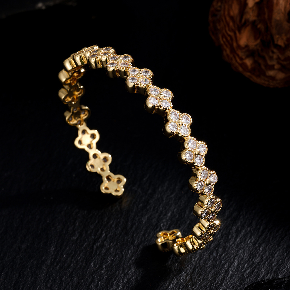 Fashion Light Luxury Copper Inlaid Colorful Diamond Four-Leaf Clover Adjustable Open Bracelet for Women Niche High-End Flower-image-1095059790