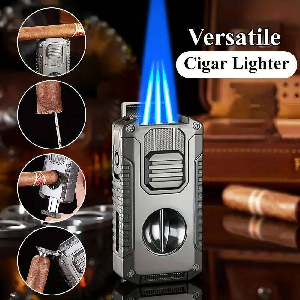 2025 New Multifunctional Three-jet Flame Direct Injection Lighter with Built-in V-shaped Cigar Cutter Portable Five-in-one S260207-image-1094358533