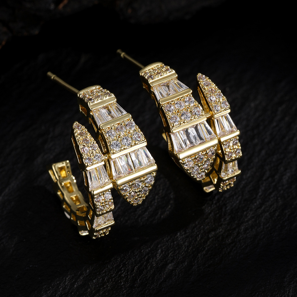 Full diamond zircon snake-shaped earrings for women, light luxury niche design, high-end earrings, trendy new style with internet celebrity vibe-image-1094496291