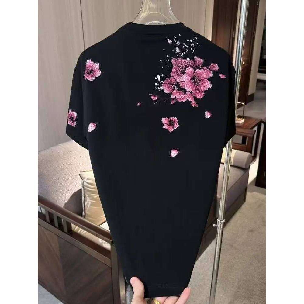 's Men 2025 Summer New Hot Diamond Personalized Short Sleeve Tops Lion Flower Loose Fashion Versatile Handsome Round Neck Tees