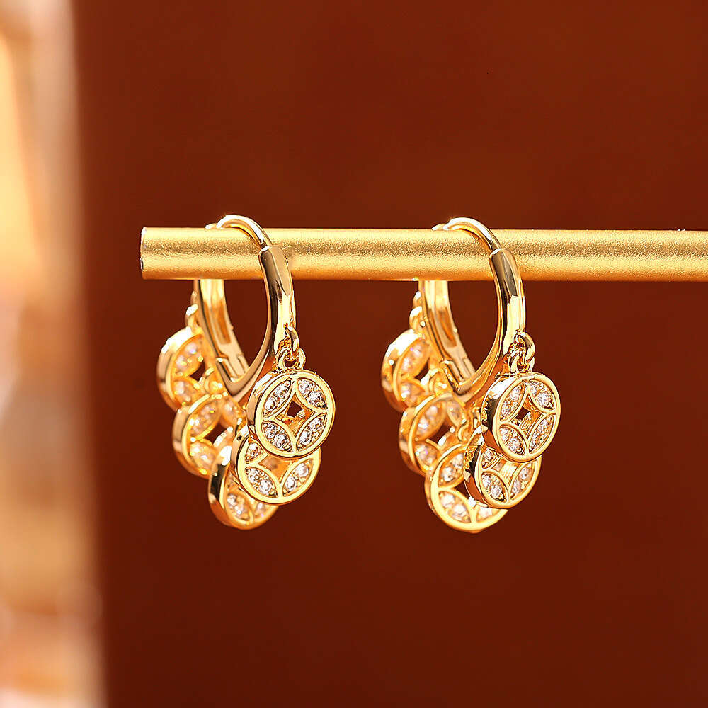 Stud Hoop Trend Five Emperors Money Copper Plated 24K Real Gold Shiny Zircon Earrings for Women New Chinese Style Wealth-Attracting JewelryA