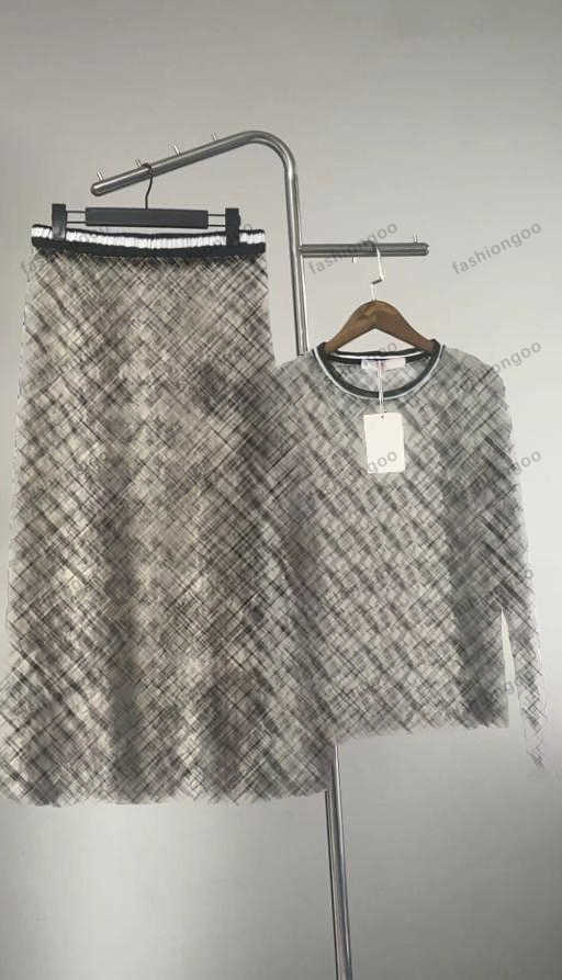 Designer Womens long sleeves two piece high quality baggy fashion logo Tshirt short sleeved Perspective 2pcs pattern high waisted long skirtsleeves