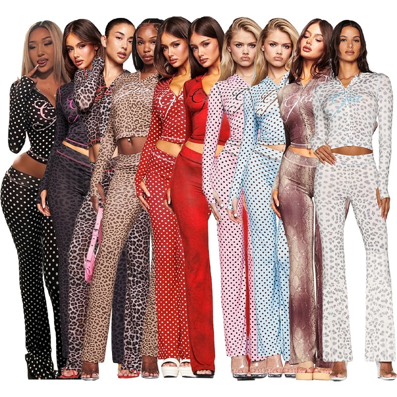 2026 New Womens Tracksuit Spring Fall 2 Piece Set Women Printed Hooded Crop Top Long Sleeve Thumb Button Tops And Flared Pants Casual Suit