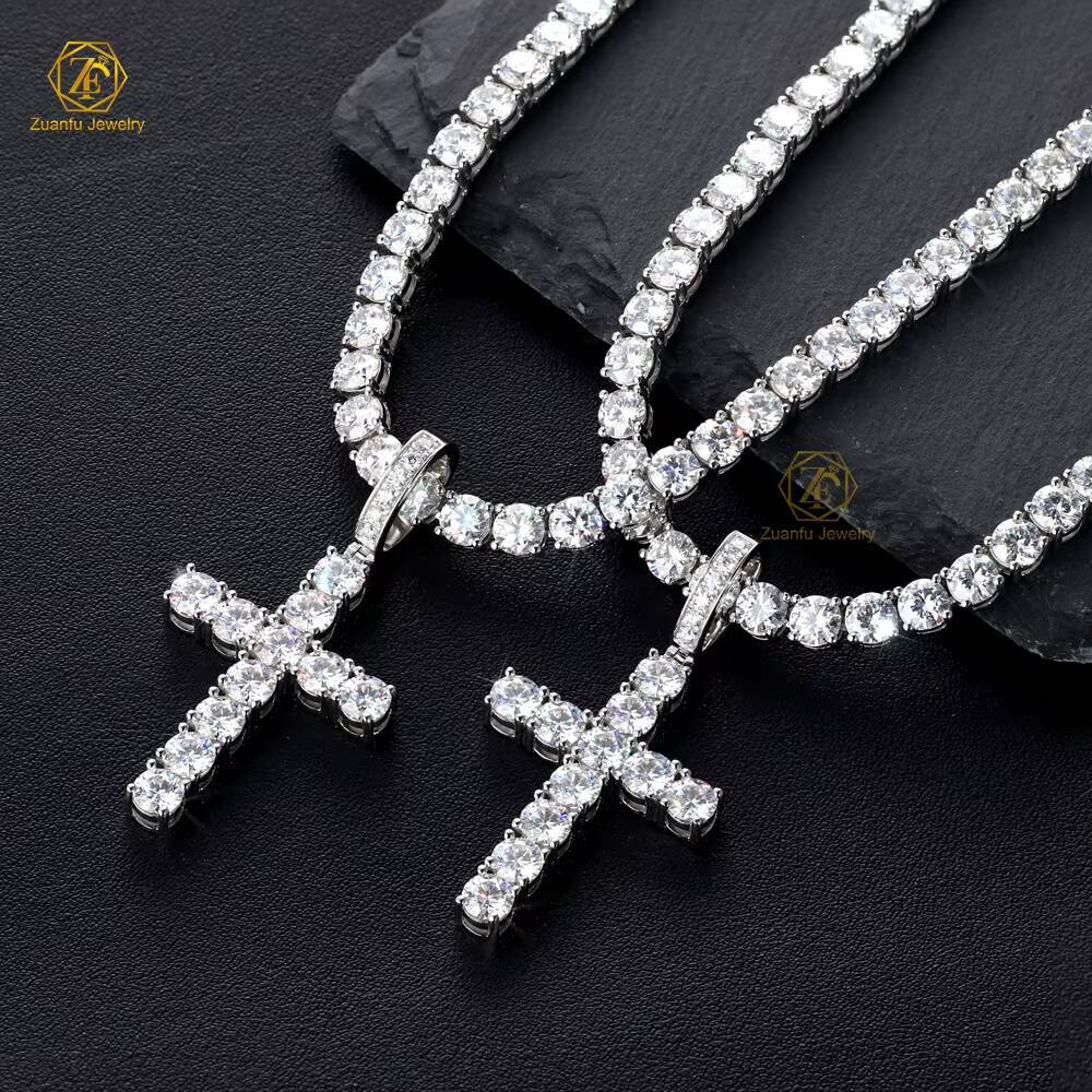 925 Sterling Silver 5mm D VVS Moissanite Diamond Cross Pendant with Tennis Chain Necklace for Women Men