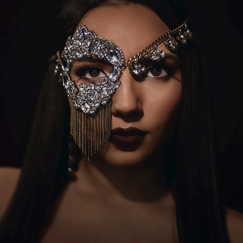 Masque en cristal pour les yeux, visage, bijoux, chaîne, pompon, fête de bal, Sexy, strass, mascarade, mode femme, danse, Cosplay, 250121