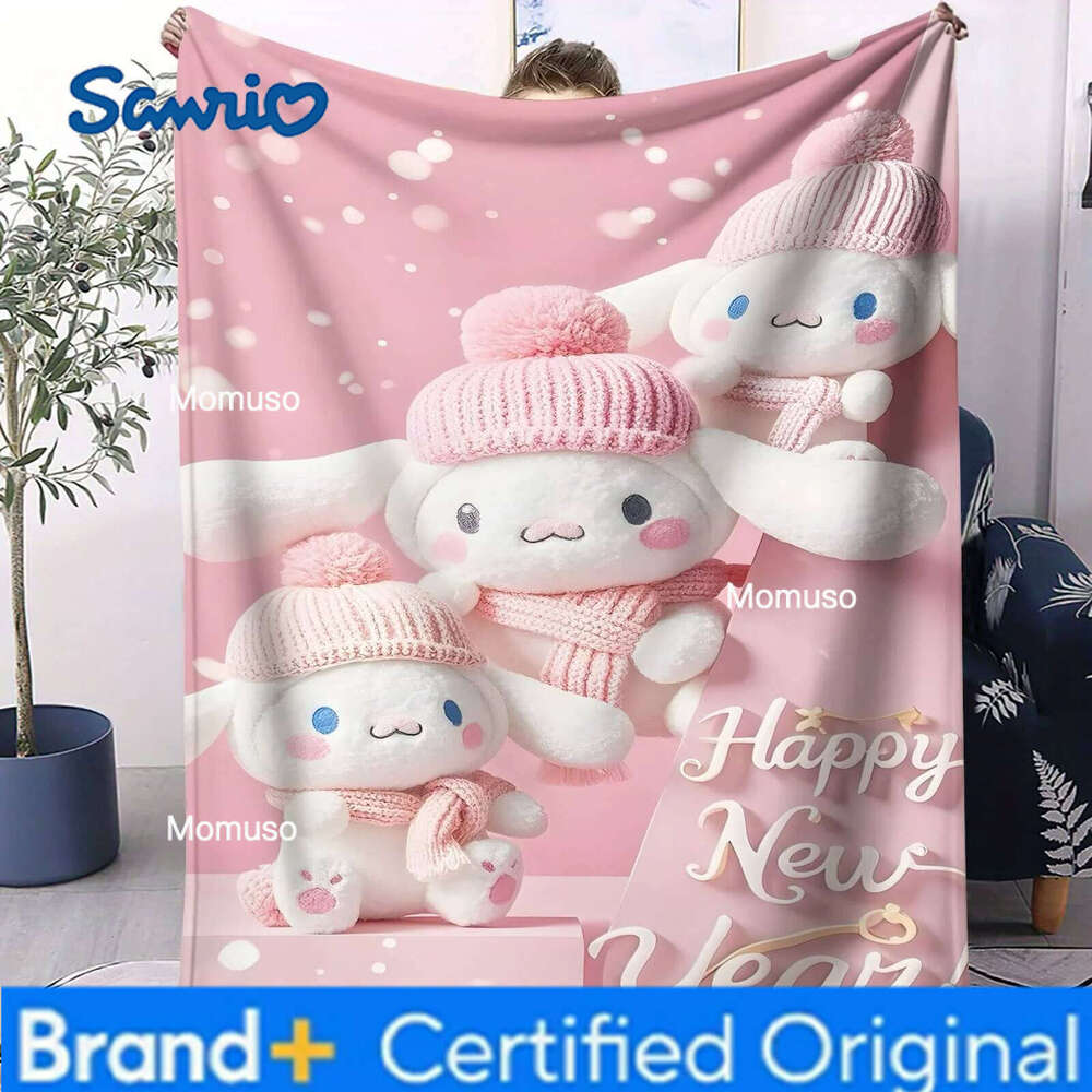 Sanrio Happy New Year Cute Character Plush Blanket - Whimsical Pink Winter Hat Pattern Soft Cozy Throw for Sofa Bed Home Decor Gift H260206-image-1095084399