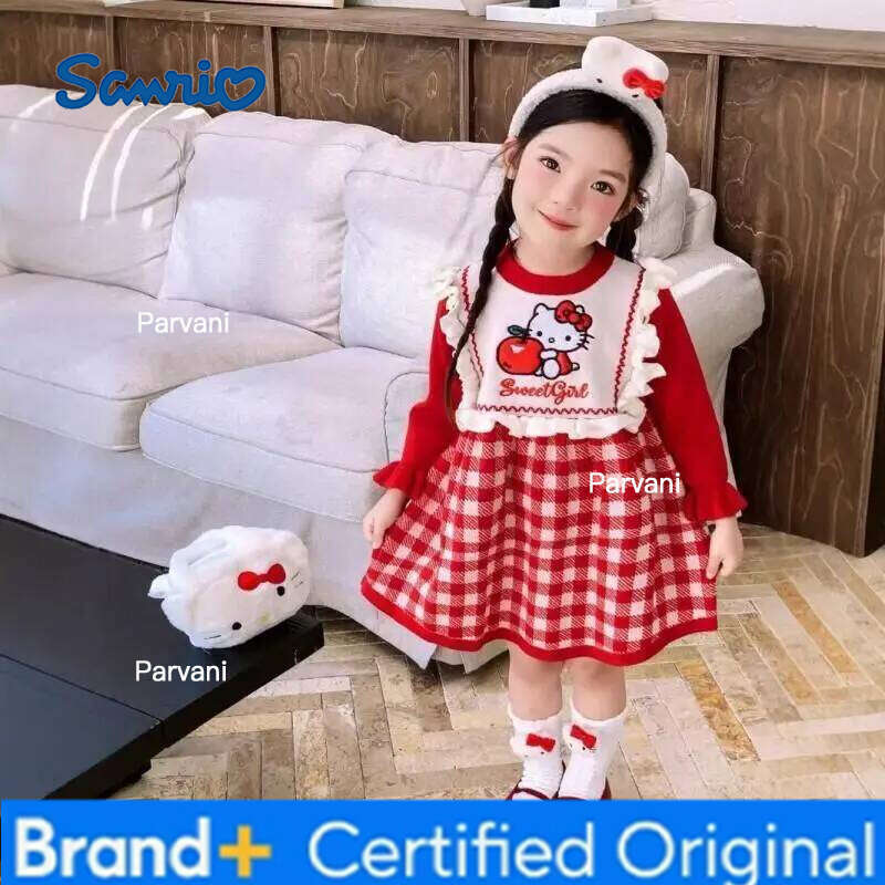 Sanrio Hello Kitty pull tricot Plaid fil rouge filles printemps automne nouveau Style mignon dessin animé à la mode robe de princesse H260206