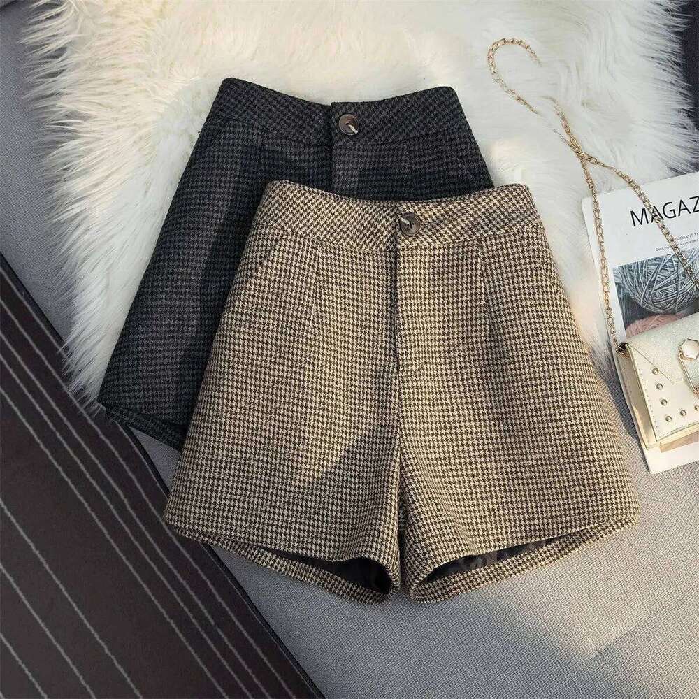 Women's Woolen Thousand Bird Grid Autumn High waisted A-line wide leg Slim Shorts Winter Outerwear Pants boots XJ260206-image-1094412414