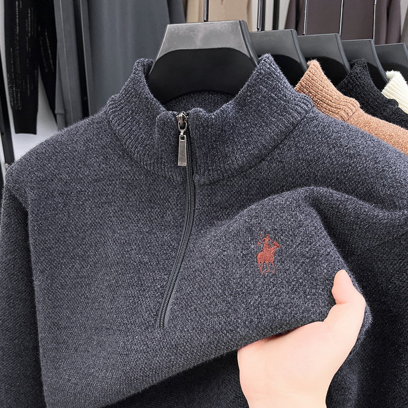 New design Men's Clothing Premium Embroidered Knit Sweater, Cozy Fleece-Lined High Neck Top, Thick Winter Warm Pullover free shipping