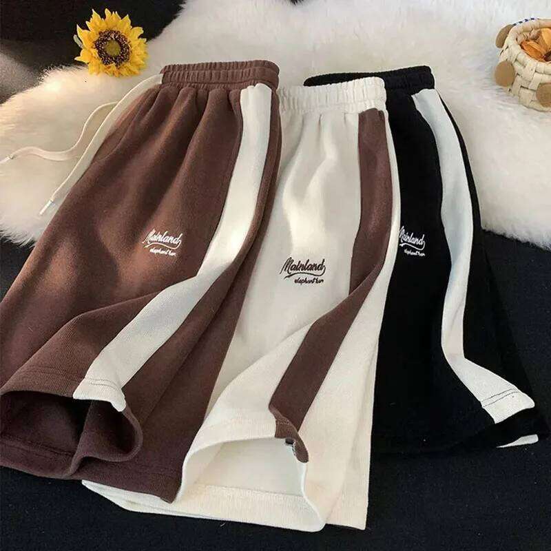 Y2K Letter Embroidery Striped Women Fashion Streetwear Jogging Sport Bf High Waist Loose All-Match Wide Leg Shorts XJ260206-image-1094414895