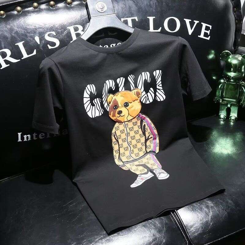 New Design2025 Summer New Short T-Shirt For Men, Trendy Bear Print, Slim Fit Cartoon Fashion Round Neck Half Sleeve
