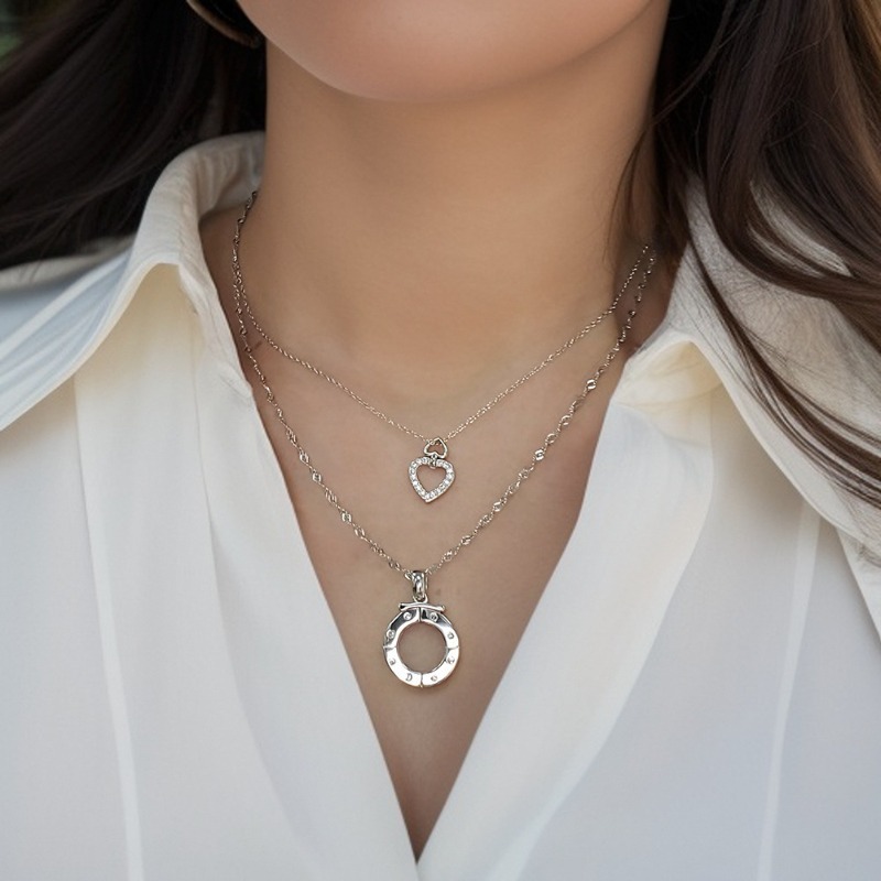 Necklace Couple Interlocking Heart Circle Pendant Titanium Steel Cubic Zirconia For Women Men Light Minimalist Clavicle Chain Gift-image-1103928385