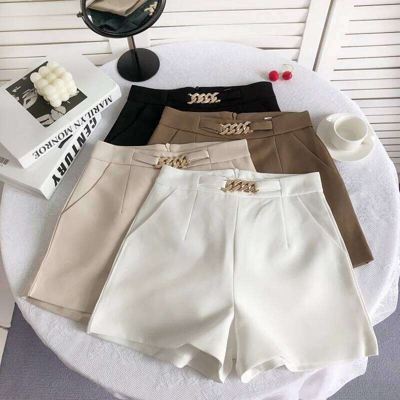 ITOOLIN Casual Fashion Chain Suit High Waist Slim A-line Shorts Office Loose Straight Trousers Women 2024 Summer XJ260206-image-1094479109